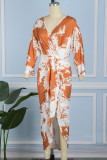 Bruine casual print patchwork v-hals onregelmatige jurkjurken