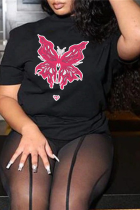 Camisetas con cuello en O de patchwork con estampado de mariposa vintage de calle negro