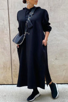 Черные повседневные однотонные лоскутные платья больших размеров с капюшоном и разрезом на воротнике