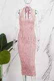 Roze Sexy Solid Tassel Bandage Patchwork Backless Halter Wrapped Skirt Jurken