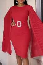 Rote, lässige, einfarbige Patchwork-Kleider mit plissiertem O-Ausschnitt