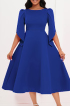 Королевские синие повседневные однотонные платья в стиле пэчворк с разрезом и круглым вырезом