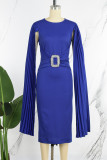 Königsblaue, lässige, einfarbige, plissierte Patchwork-Kleider mit O-Ausschnitt