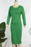グリーン カジュアル ソリッド パッチワーク O ネック ロング スリーブ ドレス