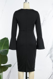 ブラック カジュアル ソリッド パッチワーク オブリーク カラー ロング スリーブ ドレス