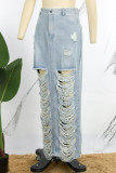 Baby Blue Casual Solid Ripped High Waist Skinny Denim Skirts