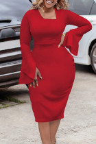 Red Casual Solid Patchwork Oblique Collar Long Sleeve Dresses