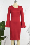 Rode casual effen patchwork jurken met schuine kraag en lange mouwen