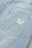 Голубые повседневные однотонные рваные узкие джинсовые юбки с высокой талией