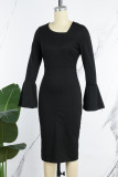 Svarta Casual Solid Patchwork Snedkrage långärmade klänningar