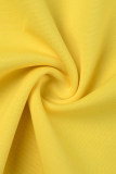 Gele casual effen patchwork jurken met schuine kraag en lange mouwen