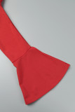 Vestidos de manga longa com gola oblíqua de retalhos lisos casuais vermelhos
