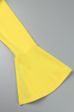Robes décontractées jaunes à manches longues et col oblique en patchwork