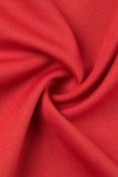 Красные повседневные однотонные платья с длинным рукавом и косым воротником в стиле пэчворк