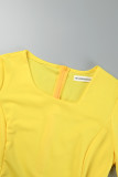 Gele casual effen patchwork jurken met schuine kraag en lange mouwen
