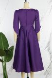 Фиолетовые повседневные однотонные платья в стиле пэчворк с разрезом и круглым вырезом
