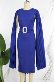 Royal Blue Casual Solid Patchwork Pleated O Neck Dresses