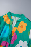 Botones de patchwork con estampado casual verde doblar cuello en V una línea de vestidos