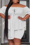 White Casual Print Basic Off the Shoulder Plus Size Two Pieces