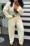 Cream White Casual Solid Patchwork Turndown Collar Long Sleeve Two Pieces (Without Waist Chain)