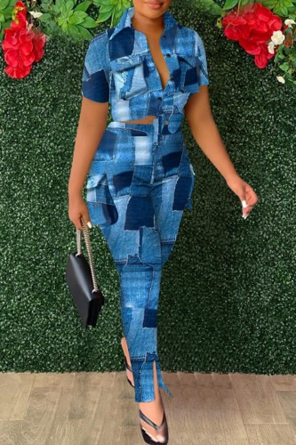 Blue Casual Print Frenulum Turndown Collar Short Sleeve Two Pieces