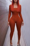 Red-brown Casual Solid Backless U Neck Skinny Jumpsuits