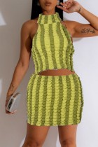 Green Sexy Casual Striped Print Backless Halter Sleeveless Two Pieces