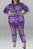 Paarse casual print patchwork gesp turndown kraag grote maten jumpsuits