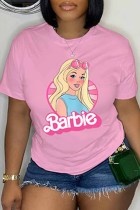 Camisetas casuais rosa com estampa de personagens e decote em letra O