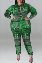 Groene casual print patchwork gesp turndown kraag Grote maten jumpsuits