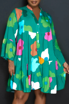 Botones de patchwork con estampado casual verde doblar cuello en V una línea de vestidos