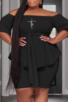 Black Casual Print Basic Off the Shoulder Plus Size Two Pieces