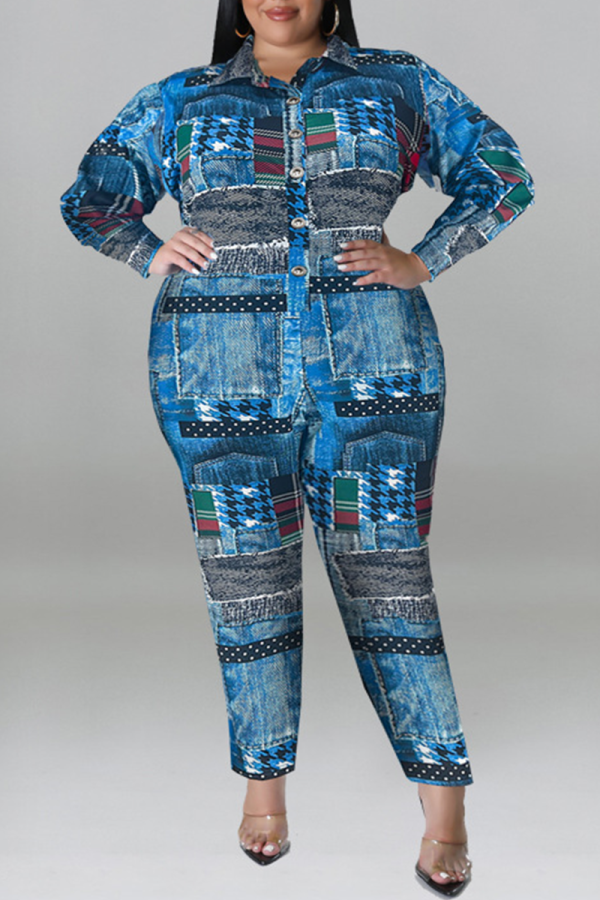Pauwblauwe casual print patchwork gesp kraag Grote maten jumpsuits