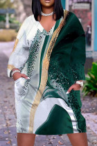 Tinta verde casual estampado básico decote em V vestidos de manga comprida
