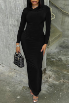 ブラック カジュアル ソリッド パッチワーク フード付きカラー ワン ステップ スカート ドレス