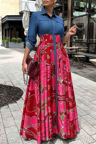 Red Casual Print Patchwork Buckle Turndown Collar Shirt Dress Dresses