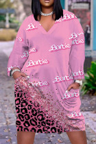Розовые повседневные базовые платья с длинным рукавом с принтом и v-образным вырезом