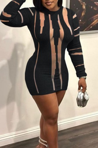 Black Sexy Solid Patchwork See-through O Neck Long Sleeve Dresses