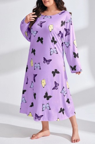 Light Purple Casual Living Butterfly Print Basic O Neck Long Sleeve Plus Size Nightdress