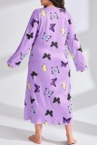 Light Purple Casual Living Butterfly Print Basic O Neck Long Sleeve Plus Size Nightdress