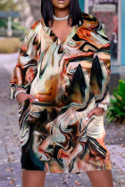 Vestidos coloridos de manga comprida com estampa casual básica decote em V