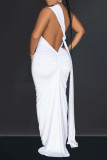 White Sexy Solid Backless Asymmetrical Oblique Collar Long Dress Dresses