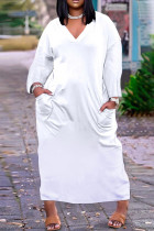 Vestidos de manga larga con cuello en V de patchwork sólido casual blanco