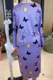 Light Purple Casual Living Butterfly Print Basic O Neck Long Sleeve Plus Size Nightdress