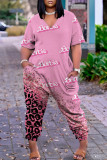Pink Casual Print Basic V Neck Regular Jumpsuits