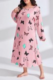 Light Purple Casual Living Butterfly Print Basic O Neck Long Sleeve Plus Size Nightdress