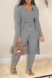 Grey Casual Solid Patchwork Long Sleeve Three Pieces