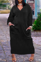 Vestidos de manga larga con cuello en V de patchwork sólido casual negro