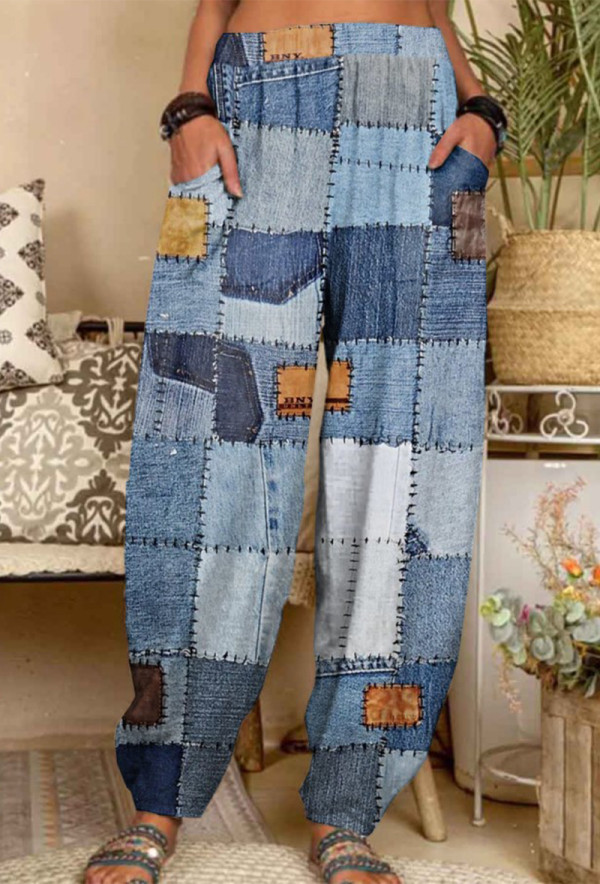 Pantalones casuales azules con estampado de patchwork suelto Harlan con estampado completo