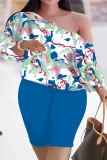 Lila Casual Print Patchwork Snedkrage Plus Size Two Pieces
